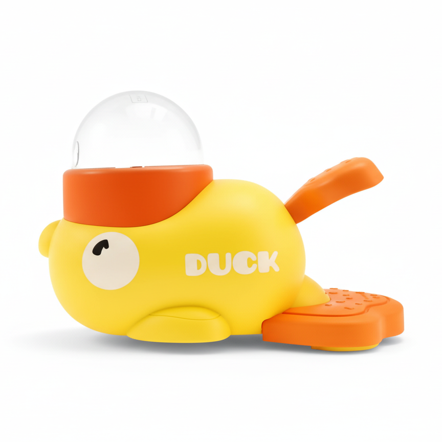 Yellow duck toy with an orange beak and feet on a white background