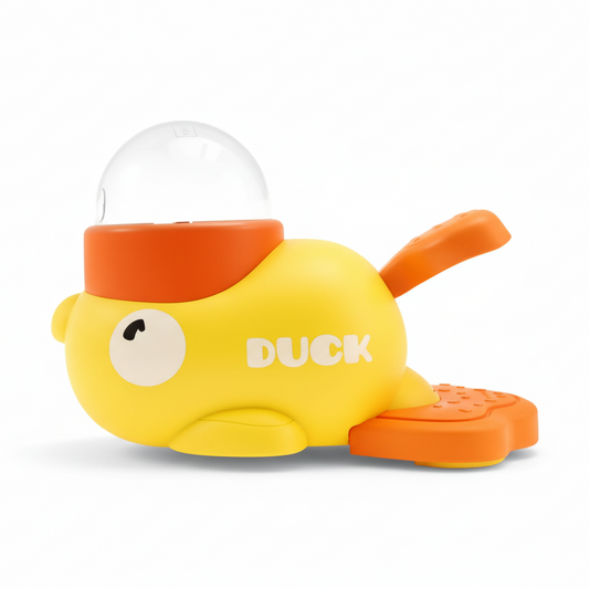 Yellow duck toy with an orange beak and feet on a white background